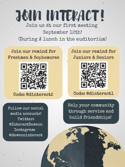 InteractDawson's tweet photo. We are having our first Interact meeting on September 12th during A lunch in the auditorium! We hope to see you there! https://t.co/cMBThHpvF3