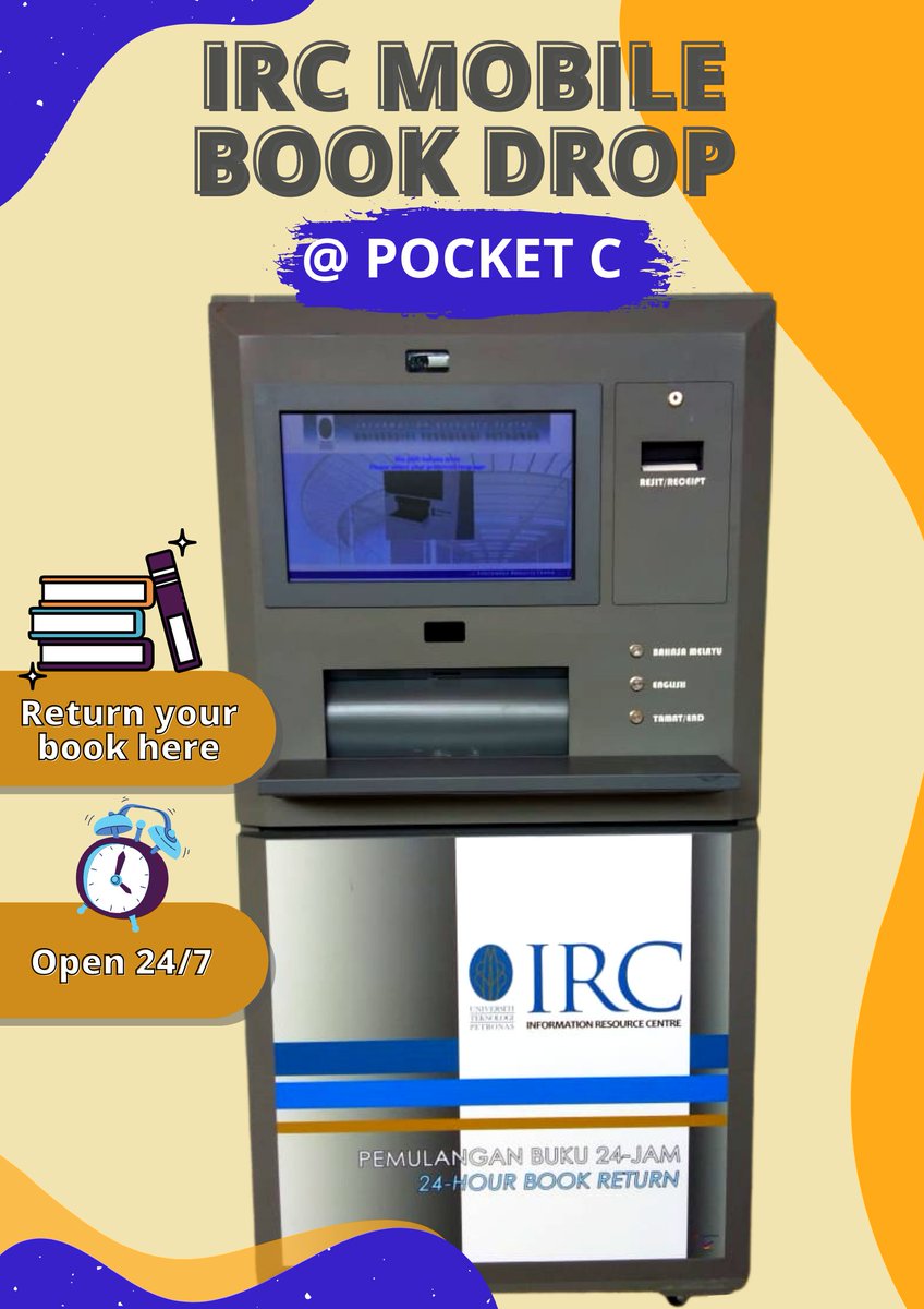 IRCUTP's tweet photo. Return your book at IRC Mobile Book Drop.

Location ✅ IRC 24/7 Study Space, Pocket C

Disclaimer : Kindly visit IRC Circulation Counter if your book already overdue.

#UTPinME #IRConline #IRCbookdrop #librarybookdrop https://t.co/s9ocy8cKYu