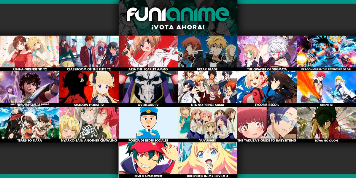funianime's tweet photo. En una horita cierra la encuesta semanal de doblaje. ¡No duden en apoyar a su favorito!
https://t.co/sy6Sstpg0q 👈
#Overlord #Orient #Kanokari #DragonQuest #Qwaser #ShadowHouse #ClassroomoftheElite https://t.co/ZLNQFZptcJ