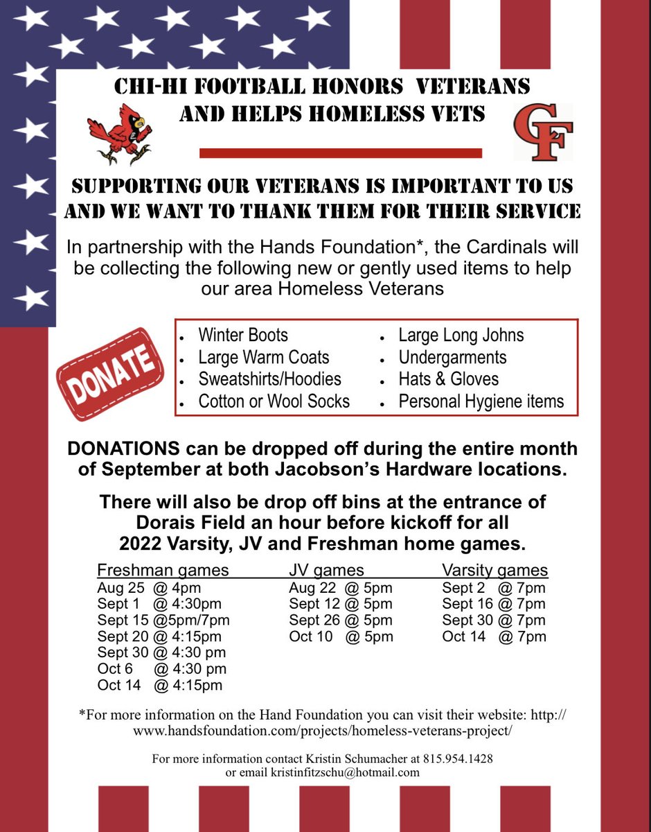 This week, we will be collecting items to be donated to the Hands Foundation to serve homeless veterans. All veterans get free admission to the ⁦<a href="/ChiHi_football/">Chi Hi Football</a>⁩ game on 9/2 vs ⁦<a href="/HudHS_Athletics/">Hudson Activities</a>⁩ and also are invited to participate in on on-field pregame ceremony!