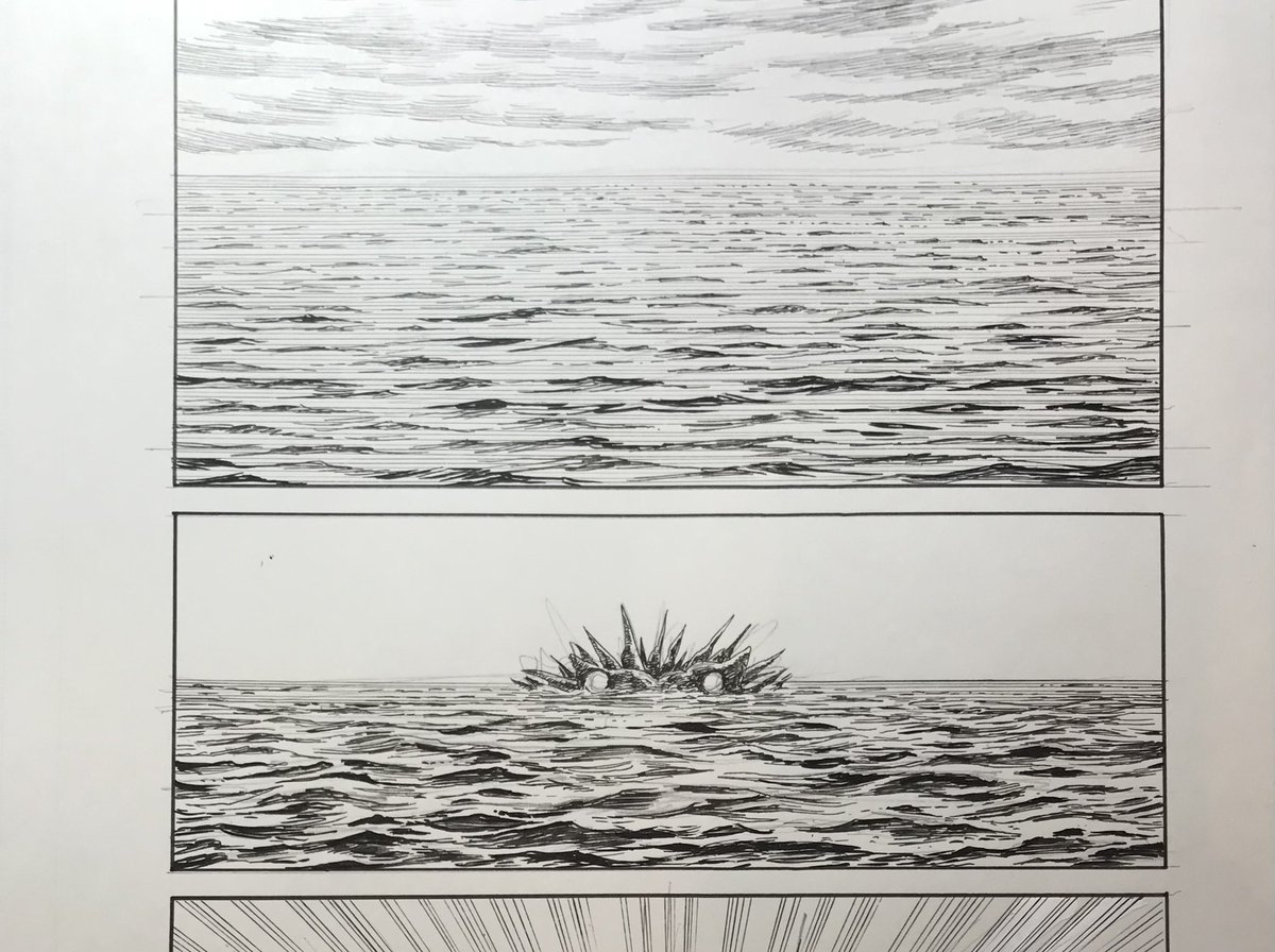 「#あさドラ!」50話は本日発売の #スピリッツ 39号に掲載!海を描くのは本当に楽しいです。作為を入れずに波まかせで筆を揺らしているうちに紙の上に水面が立ち上がってくるのを待つ。皆さんも是非一度やってみては?ところで正ちゃんがたいへんです!見てみてね! #浦沢直樹 