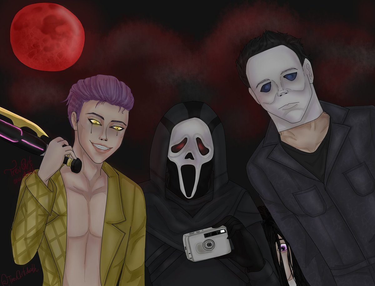 TrevartD's tweet photo. Killers night's
" hey, you finally wake up..."

The trickster, GhostFace &amp; The Shape 
(small Onryo extra) 

#DeadbyDaylight #fanart #thetrickster #Ghostface #michaelmyers #sadako #DeadbyDaylightfanart #drawing #digitalart #onryo #scream #terror #killers #jiwoonhak #halloween https://t.co/cE0BCmaYMF