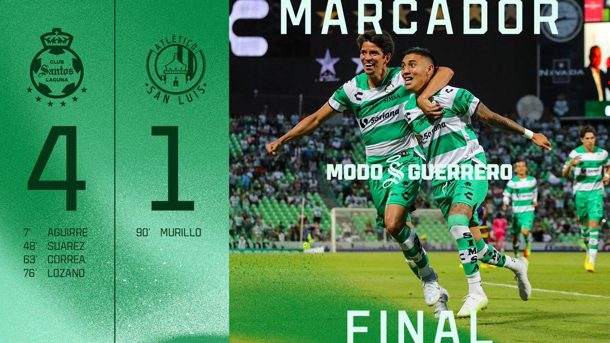 Angel_Alvaarado's tweet photo. ⏰ 90 + 2’ Santos golea a San Luis

⚽️ Con goles de Eduardo Aguirre, Leo Suárez, Javier Correa y Lozano los Laguneros se llevan la victoria. 

🟢⚪️ 4-1 🔵🔴🟡

#ModoGuerrero #ModoRevancha
@AgenciaJRF. 

Foto: @ClubSantos. https://t.co/asyBbeKuSL