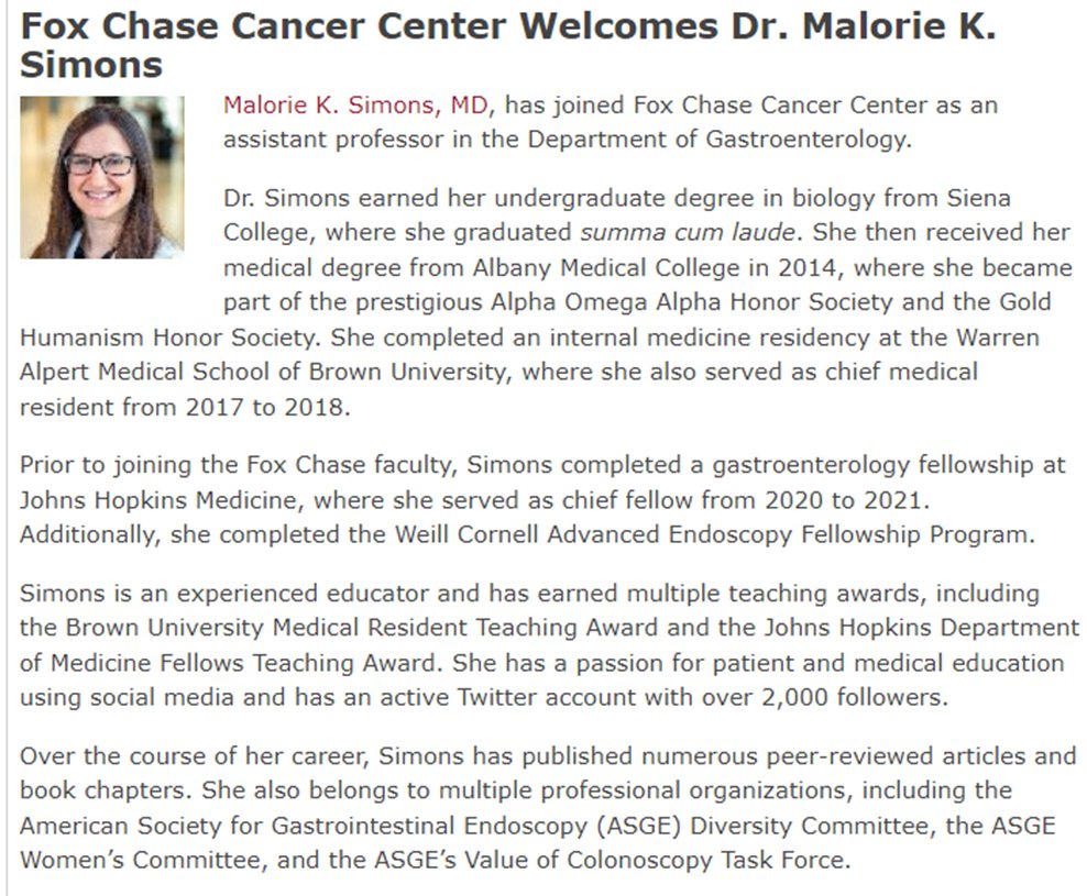 Malorie Simons (@drmalsimons) on Twitter photo 📢 It's official!
I have joined faculty <a href="/FoxChaseCancer/">Fox Chase Cancer Center</a> Center as an Interventional Endoscopist. Excited to work w & learn from the experts committed to #GIOncology and pt care!
Forever grateful to my mentors at Hopkins <a href="/HopkinsGIHep/">Johns Hopkins Gastroenterology & Hepatology</a>,Cornell <a href="/WCM_GI/">Weill Cornell Medicine GI & Hepatology</a> and my #GItwitter family 📢 It's official!
I have joined faculty <a href="/FoxChaseCancer/">Fox Chase Cancer Center</a> Center as an Interventional Endoscopist. Excited to work w & learn from the experts committed to #GIOncology and pt care!
Forever grateful to my mentors at Hopkins <a href="/HopkinsGIHep/">Johns Hopkins Gastroenterology & Hepatology</a>,Cornell <a href="/WCM_GI/">Weill Cornell Medicine GI & Hepatology</a> and my #GItwitter family