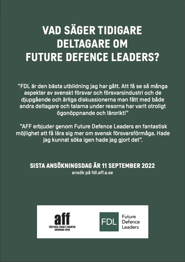 AFF_sweden's tweet photo. Är du en Future Defence Leader? Vara med och forma framtidens försvars- och säkerhetspolitik — Ansök på https://t.co/YfS5RxaUfz

#föpol #futuredefenceleaders #utpol https://t.co/nbwAJAdxue