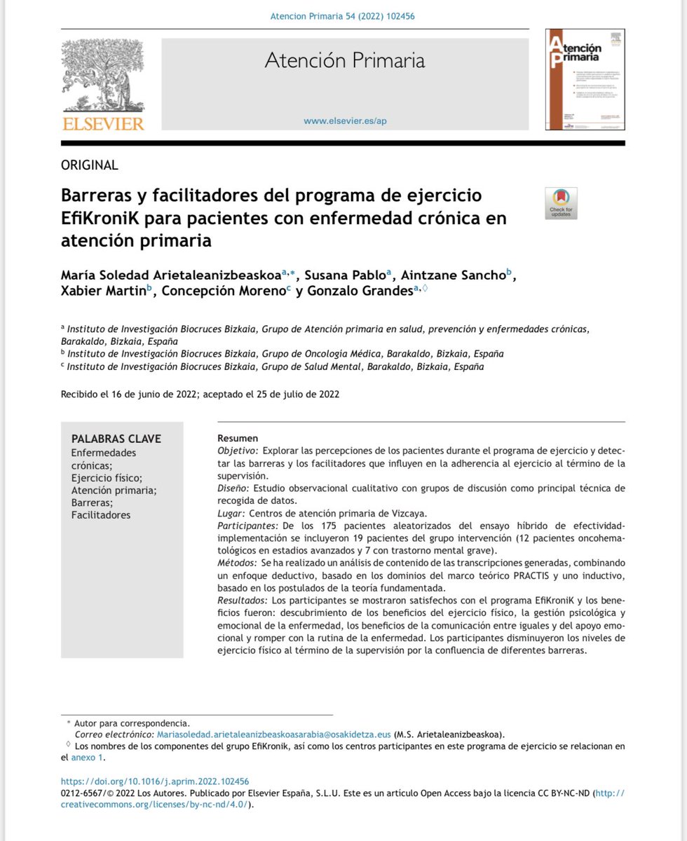 El uso rutinario del ejercicio físico como terapia ubicaría a nuestro Servicio de Salud en una posición pionera en el manejo de la cronicidad.🏃🚴🏿‍♂️💪🏽🏋️<a href="/osakidetzaEJGV/">Osakidetza</a> <a href="/biocrucesHRI/">IIS Biocruces Bizkaia ahora IIS Biobizkaia</a> <a href="/AtenPrimaria/">Atencionprimaria</a> doi: 10.1016/j.aprim.2022.102456