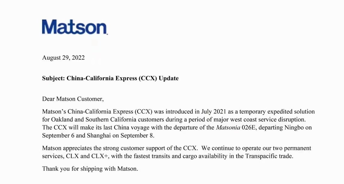 'Matson : China - California Express （CCX） Update '
#Matson #CCX #CHINA #CALIFORNIA #CCX #CLX #CLX+  #shipping #shipfromchina
👉 Follow us to stay up to date with the latest industry news.