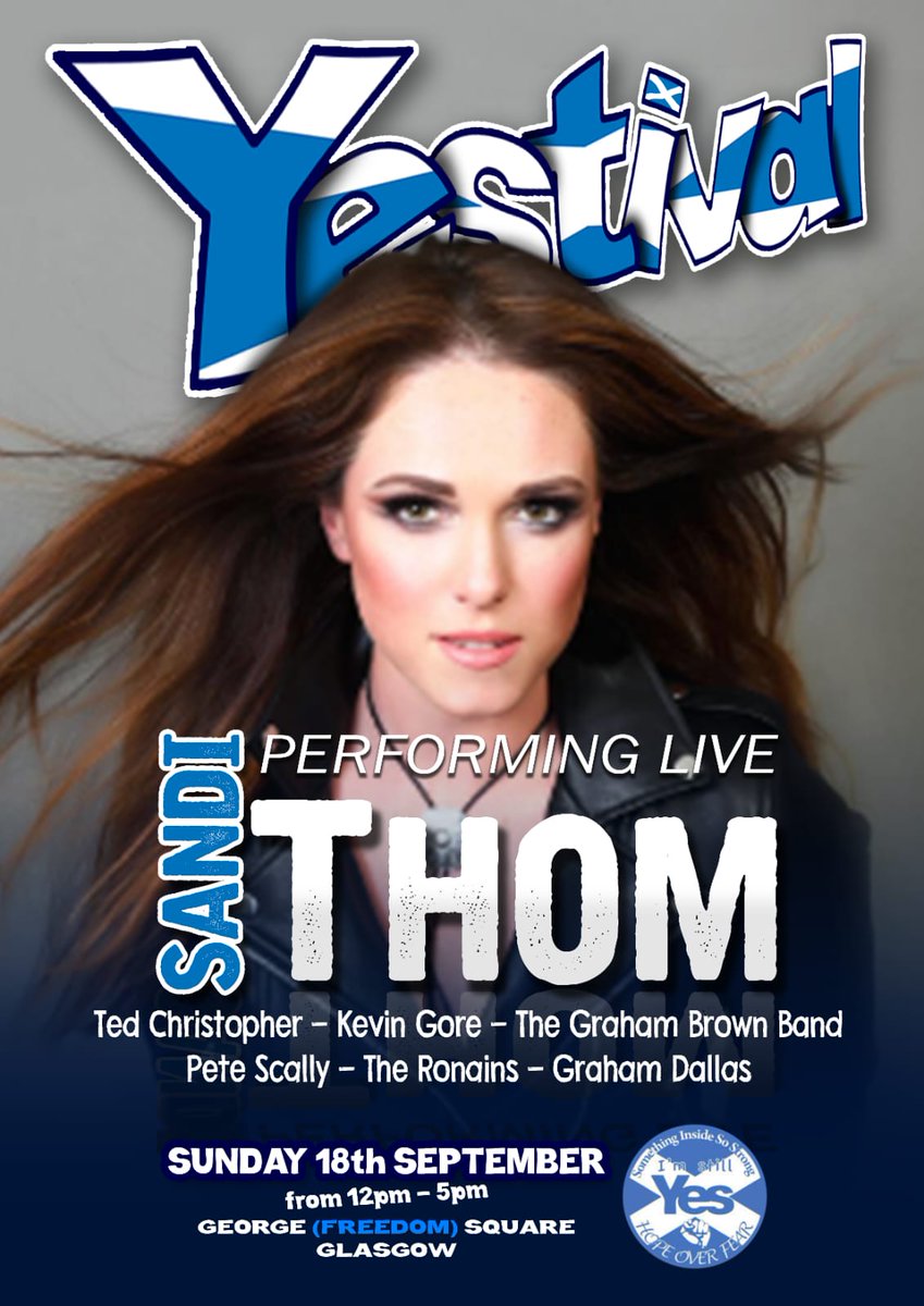 Great news. Multi-talented Scottish singer/song writer Sandi Thom will perform live at the YESTIVAL in Glasgow's George Square on Sunday, September 18th alongside a galaxy of Scottish music talent. See you there 🏴󠁧󠁢󠁳󠁣󠁴󠁿
