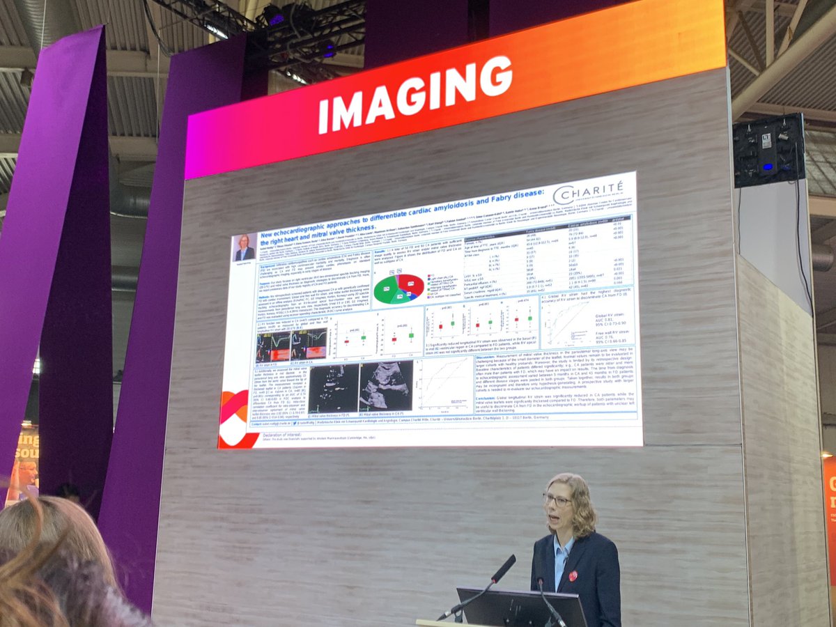 CongresReporter's tweet photo. Isabel Mattig presenteert haar e-poster. RV functie en de dikte van de klepbladen van de mitralisklep op echo kunnen mogelijk differentiëren tussen cardiale #amyloidosis en de ziekte van Fabry bij patiënten met onduidelijke LV wand verdikking. @ChariteBerlin #ESCCongress https://t.co/hc851Z6H4X