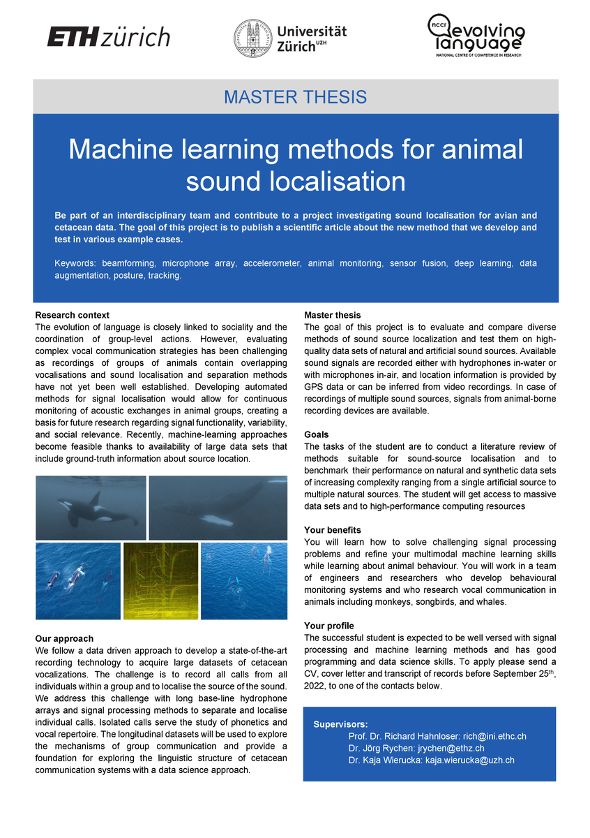 If you interested in machine learning and acoustic signal processing, have a look at this exciting master's project on sound localisation of killer whale calls! Apply now to be a part of a collaborative project between @ETH_en @UZH_en and @NCCR_Language. @JorgRychen