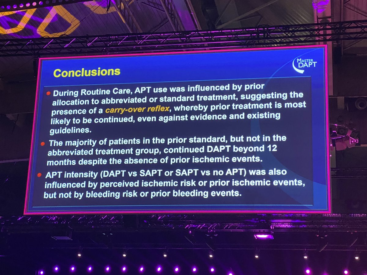 DrMarthaGulati's tweet photo. #MASTERDAPT #ESCCongress
Conclusion:
👉🏽APT influenced by prior allocation standard 🆚 abbreviated tx
👉🏽majority in standard group continued DAPT beyond 12 m
🫀 Important that duration of #DAPT defined upfront to avoid carry over and ⬆️ risk 🩸 bleed
@Steph_Achenbach https://t.co/cdJiYJM928