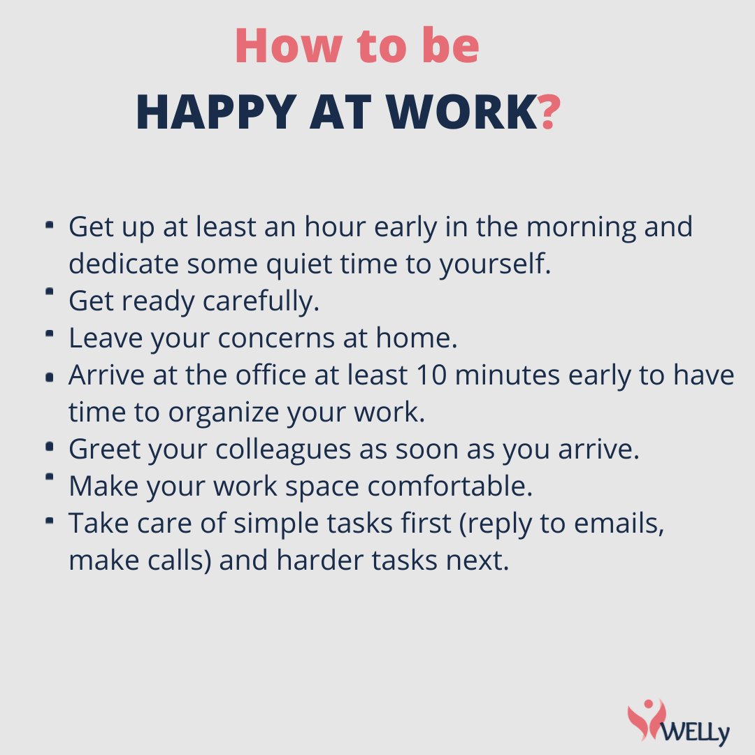 ProjectWelly's tweet photo. We often spend a large part of our time at work. Therefore, knowing a daily routine that allows one to prepare for the busy day to face can be very useful and rewarding.

#WELLy #work #happiness https://t.co/mClbj616jQ