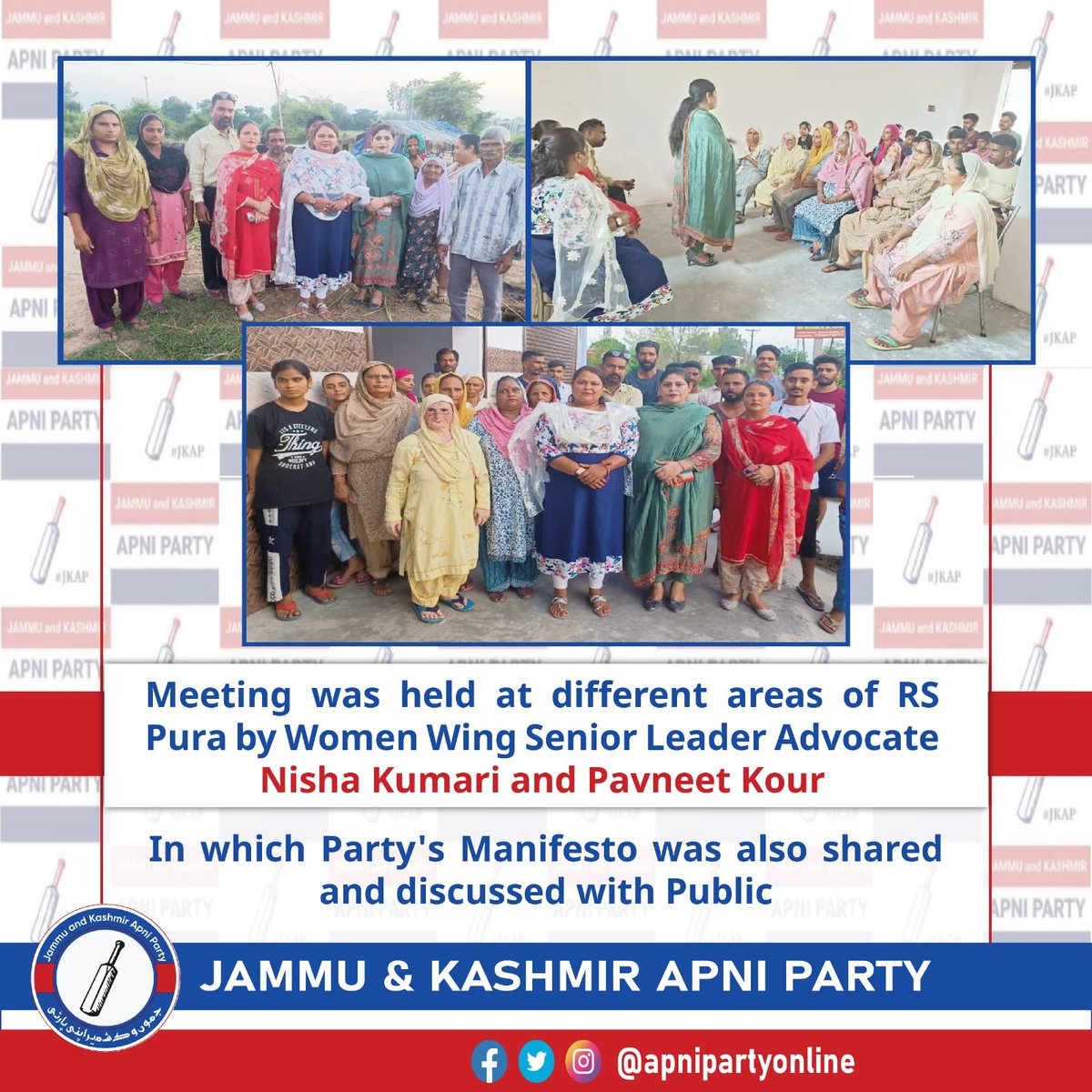 Apnipartyonline's tweet image. Women Wing of Apni Party had held a series of #public meetings in border villages  in #RSPura 

These meetings were held by women wing senior leaders, @AdvNishaKumari1 &amp;amp; @PAVNEETKOUR13 .

During these meetings, #threadbare discussions were held in RS Pura’s villages. 

#ApniParty