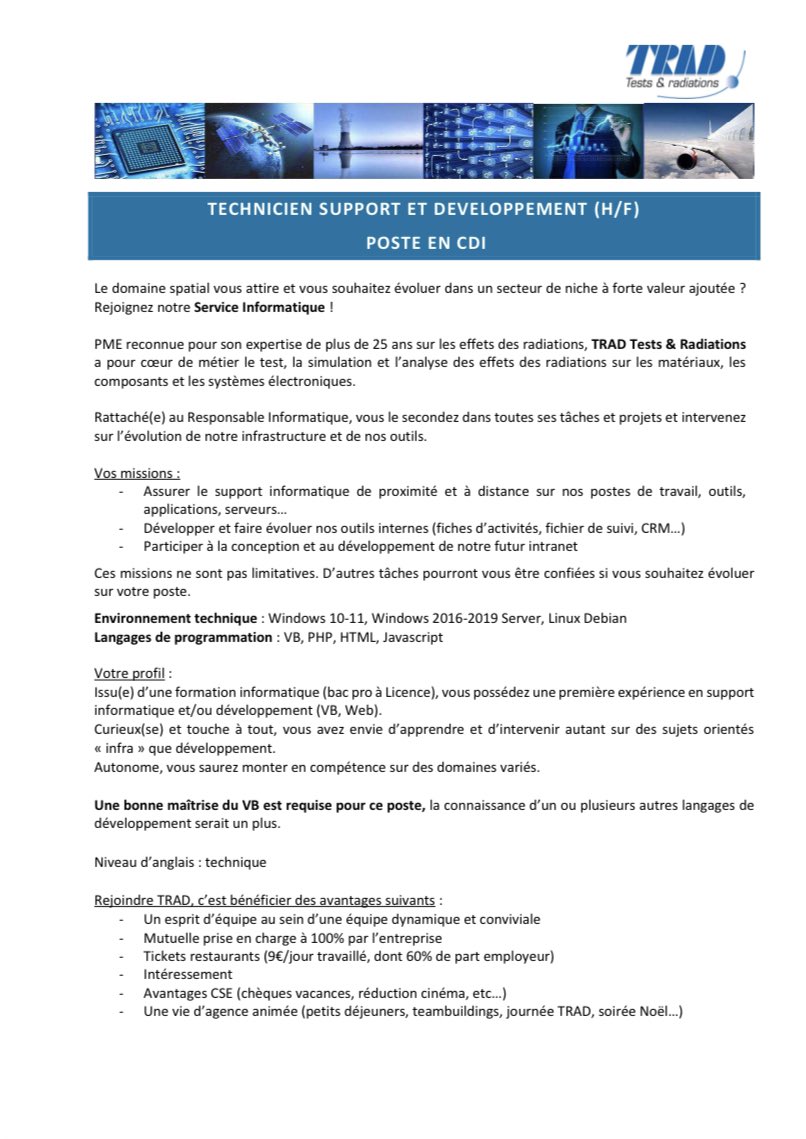 TRAD_Officiel's tweet photo. 📢 POSTE À POURVOIR
TRAD #recrute un(e) Technicien(ne) support et développement 

❓ ASAP
📍 Toulouse - Zone d’activité Labège Innopole
📩 Contact : recrutement@trad.fr / https://t.co/pTOekULZZ7 

https://t.co/iNU8WFCjBM

Description du #poste ci-dessous ⬇️

#job #i4emploi https://t.co/VnTC5Fhijx