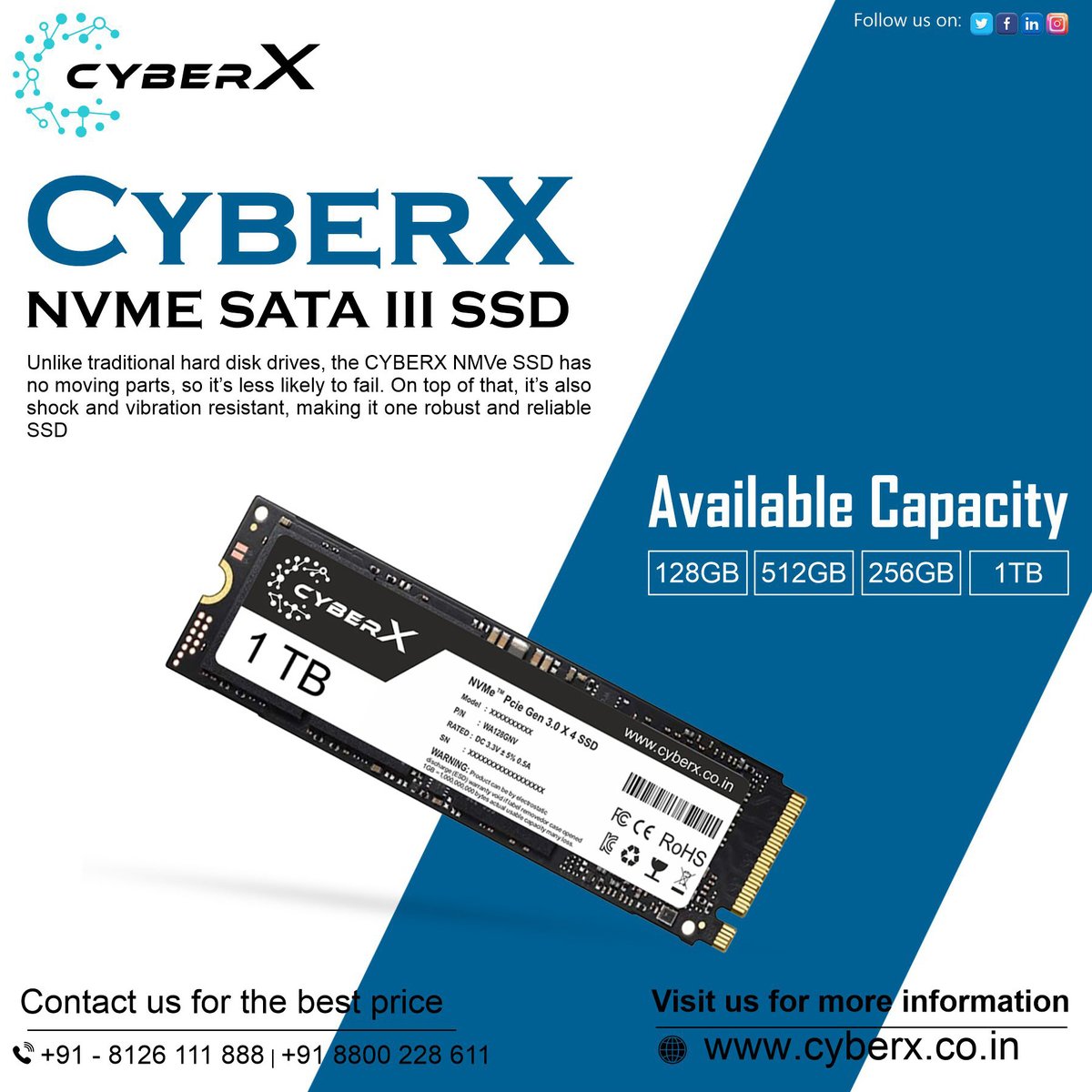 CyberXram's tweet photo. #cyberx #NVMe #SATA III #SSD
👉Available Capacities:
128GB 256GB | 512GB | 1TB
Contact us for the best price:
📞Call us: +91 8800228611
💻 Visit us: https://t.co/KDtTtqECL9
#cyberx #SSD #nvidia #NVMe #NVMeSSD #nvidiageforce #ssdnvme #ssdformac #ssdforpc #makeyourlaptopfast https://t.co/tmQ9LcjwON