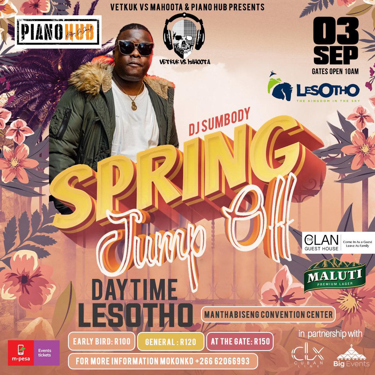 keneuoe_'s tweet image. Spring Jumpoff 🌸🌼 countdown finally begins! 🥳🥳
We're counting down to the biggest spring event. 
Get your tickets via M-pesa for M120.
5 days to go.🥳💃🏾
#SpringJumpOff
#MalutiBeer