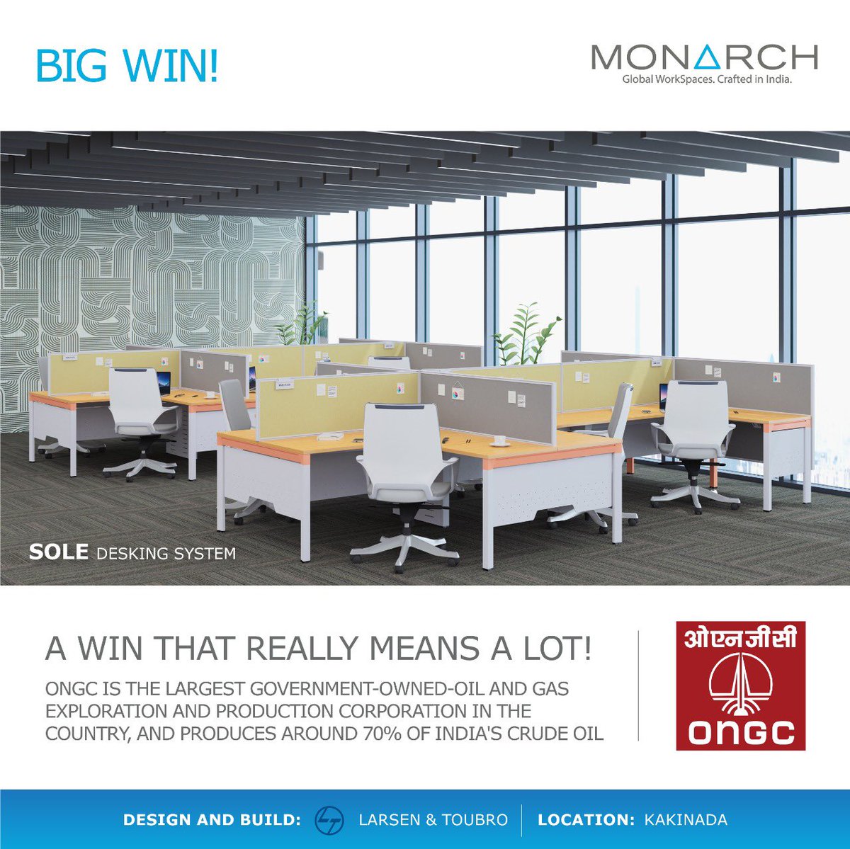 MonarchErgo's tweet photo. Monarch Ergo has recently won a major project for @ONGC_, India’s largest government-owned Oil and Gas exploration and production corporation, located in Kakinada. They have welcomed our Sole Desking System into their office! We thank Larsen &amp; Toubro for partnering with us! https://t.co/0bBvptzVVQ