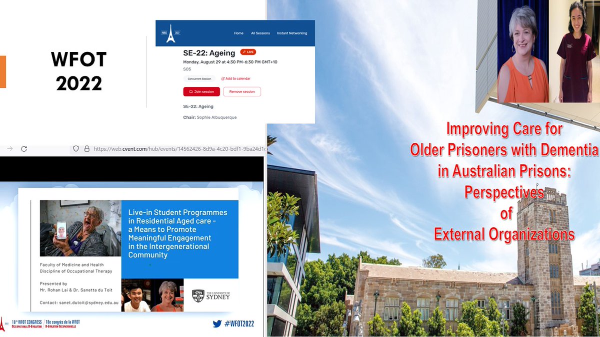 Sanetta H.J. du Toit (@dutoitsh) on Twitter photo Our ageing session at <a href="/thewfot/">WFOT</a>
#WFOT2022 has started! Such a privilege to share research on #Intergernerational Live-In Programs and #Dementia for prisoners with <a href="/Sydney_Uni/">University of Sydney</a>
honours students researchers Rohan Lai and Shermaine Ng!
<a href="/mcgrathmgtot/">Margaret Mc grath</a>
@BurnsSyd Our ageing session at <a href="/thewfot/">WFOT</a>
#WFOT2022 has started! Such a privilege to share research on #Intergernerational Live-In Programs and #Dementia for prisoners with <a href="/Sydney_Uni/">University of Sydney</a>
honours students researchers Rohan Lai and Shermaine Ng!
<a href="/mcgrathmgtot/">Margaret Mc grath</a>
@BurnsSyd