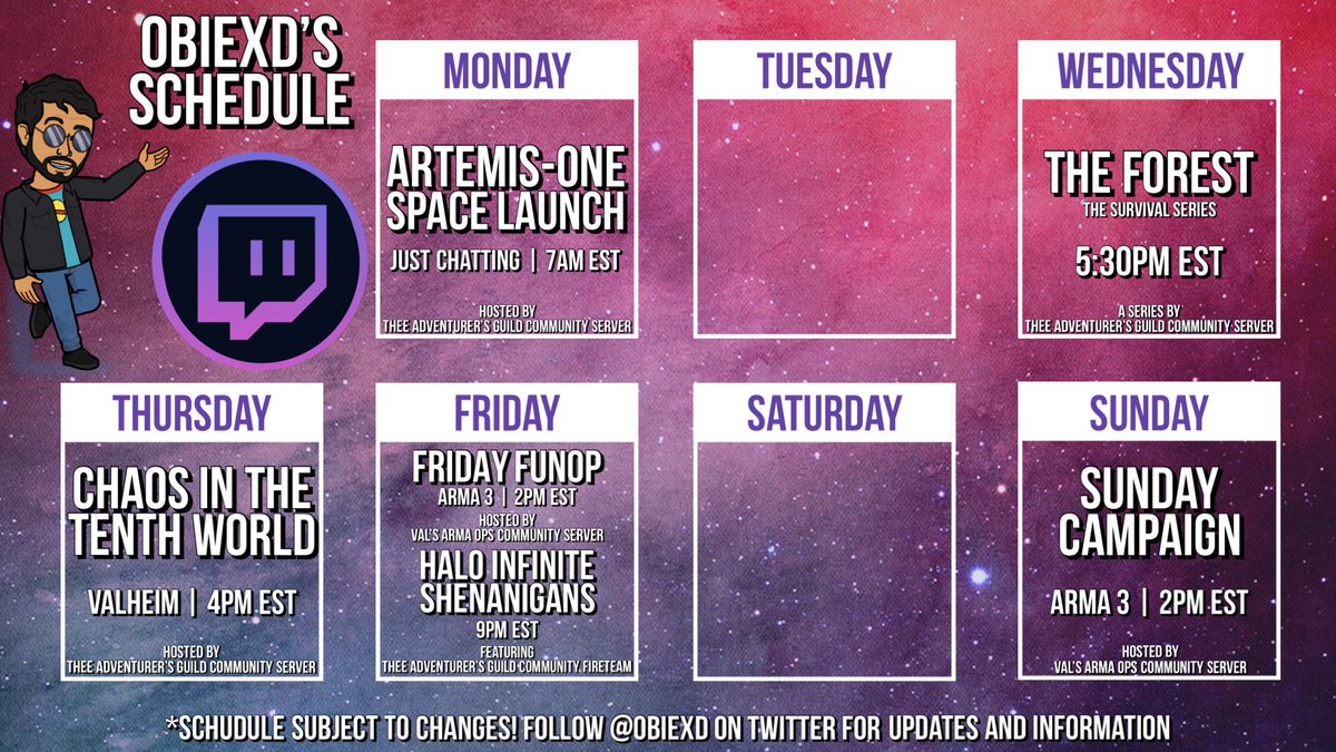 ObieXD's tweet photo. #Twitch Schedule for https://t.co/OnsAc1kJz6
#TwitchAffiliate #YouTube #YouTuber #Hover #TikTok #RazerStreamer #TeamElgato #StreamHero #BleedPurple #PathtoPartner #VisuallyImpaired #Cook #Gamer #Adventurer
#LinkTree at https://t.co/FMAr5fQEVo https://t.co/siOUpsjmxr