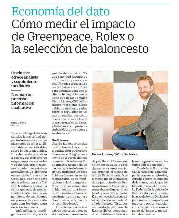 Gracias a <a href="/CincoDiascom/">CincoDiascom</a> por hacerse eco de nuestros de nuestro trabajo con clientes como <a href="/greenpeace_esp/">Greenpeace España</a>, <a href="/KosmosOfficial/">Kosmos</a> o <a href="/BaloncestoESP/">Baloncesto España</a>, así como nuestros objetivos como la nueva Onclusive! Accede al artículo completo aquí👇

#mediaintelligence #IA #bigdata