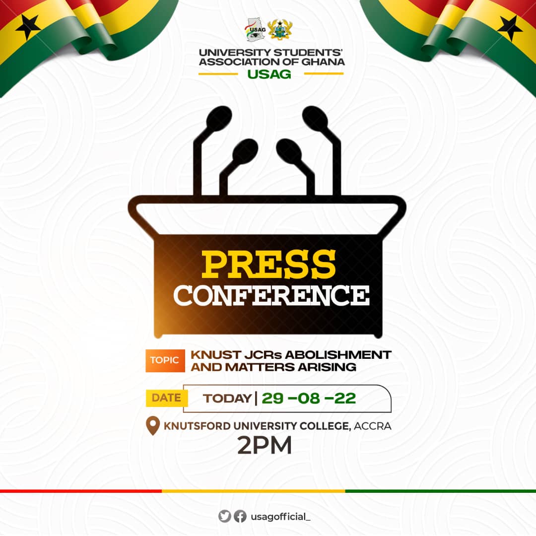 The ASSOCIATION after actively engaging members of KNUST management will be addressing the press today on our stance on the matters of the ABOLISHMENT of JCRS in KNUST.
Time: 2pm
Venue: KNUTSFORD
 UNIVERSITY, ACCRA
#KNUSTDecides
