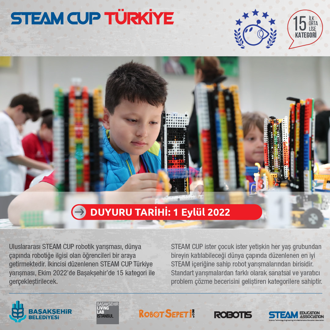 Ekim 2022'de İstanbul-Başakşehir'de yapılacak STEAM CUP Türkiye robotik yarışması tanıtım ve duyuruları 1 Eylül 2022'de yapılacak.

Yarışma hakkında detaylı bilgiler için lütfen takipte kalın...

#steamcup #steamcupturkiye #robotis #basaksehirbld #basaksehirlivinglab #robotsepeti