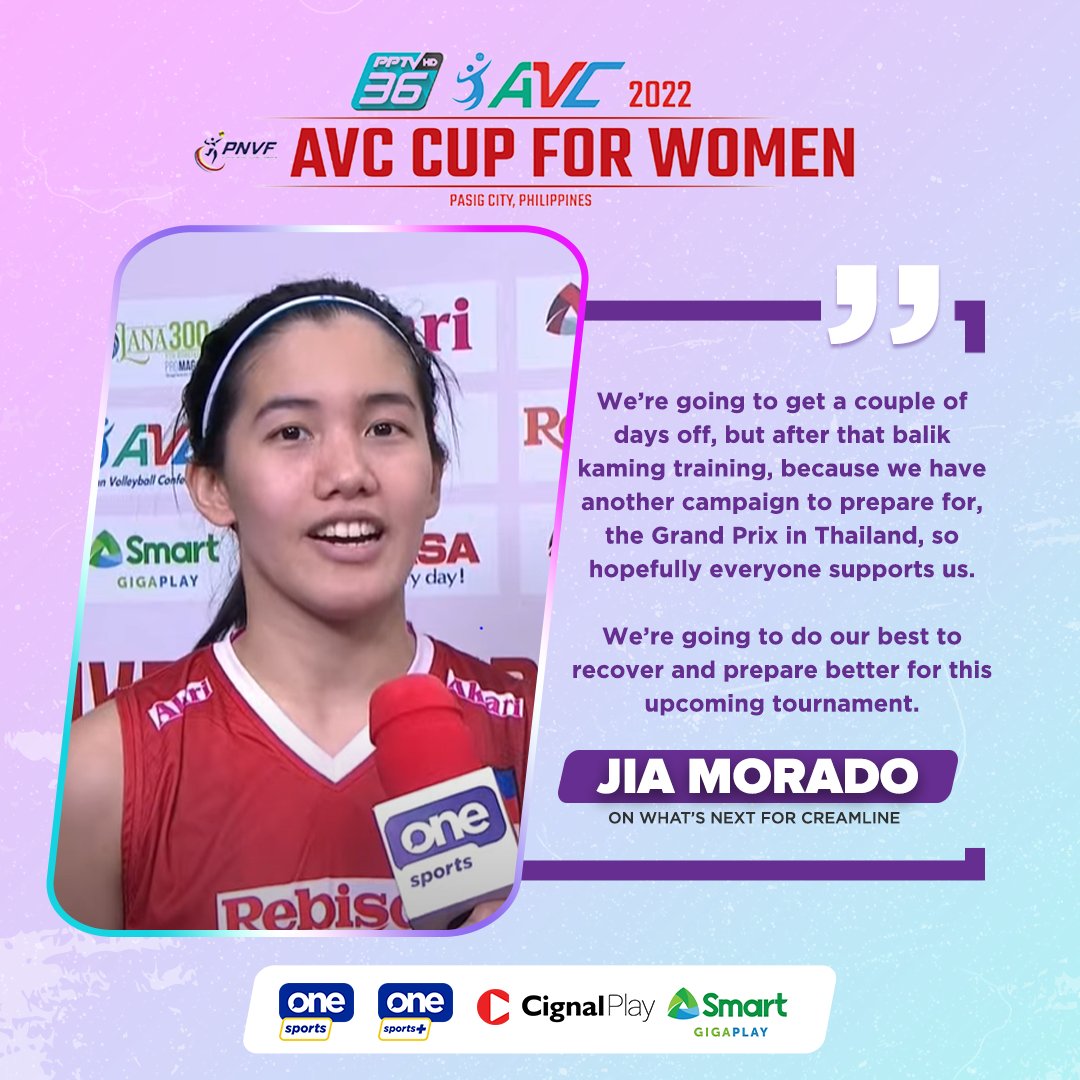 OneSportsPHL's tweet photo. Rest well and see you on the next tournament, Kapitana Jia and CCS squad! 

#AVCVolley #AVCCupforWomen2022 https://t.co/NHQMnvz0va