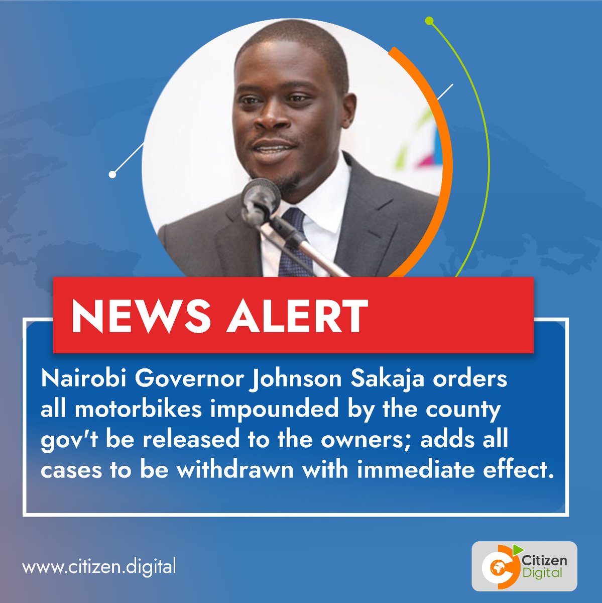 citizentvkenya's tweet photo. Nairobi Governor Johnson Sakaja orders all motorbikes impounded by the county gov’t be released to the owners #KenyasChoice2022 https://t.co/WLI9LJJz9s