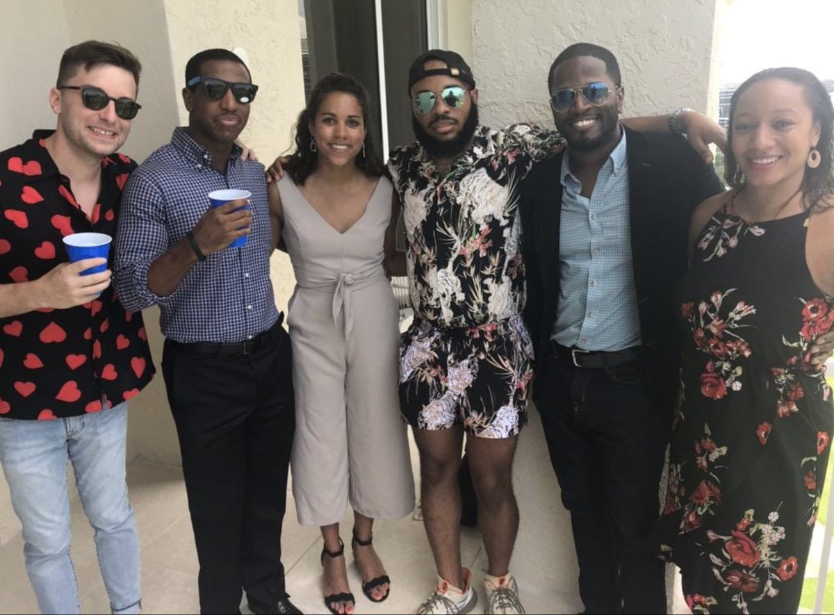 the1JAllen's tweet photo. @MikeDSykes (4th from left) rocking the #RompHim! Me (on his left-your right) ironically not sweating at all in a velvet, hunter green blazer in the Miami heat 🔥 https://t.co/ZeeHAjK7XL