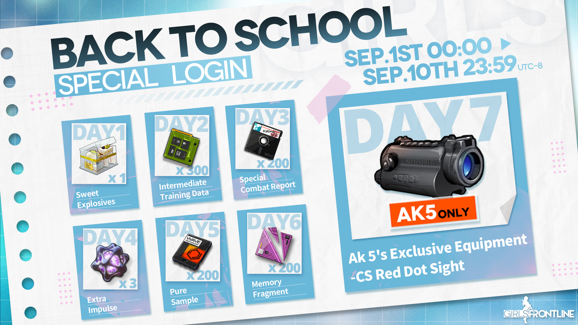 Girls' Frontline-EN on Twitter: "Dear Commanders, We will be having a special login event "Back School" which will commence Sep. 1st! Log into the game for seven days to
