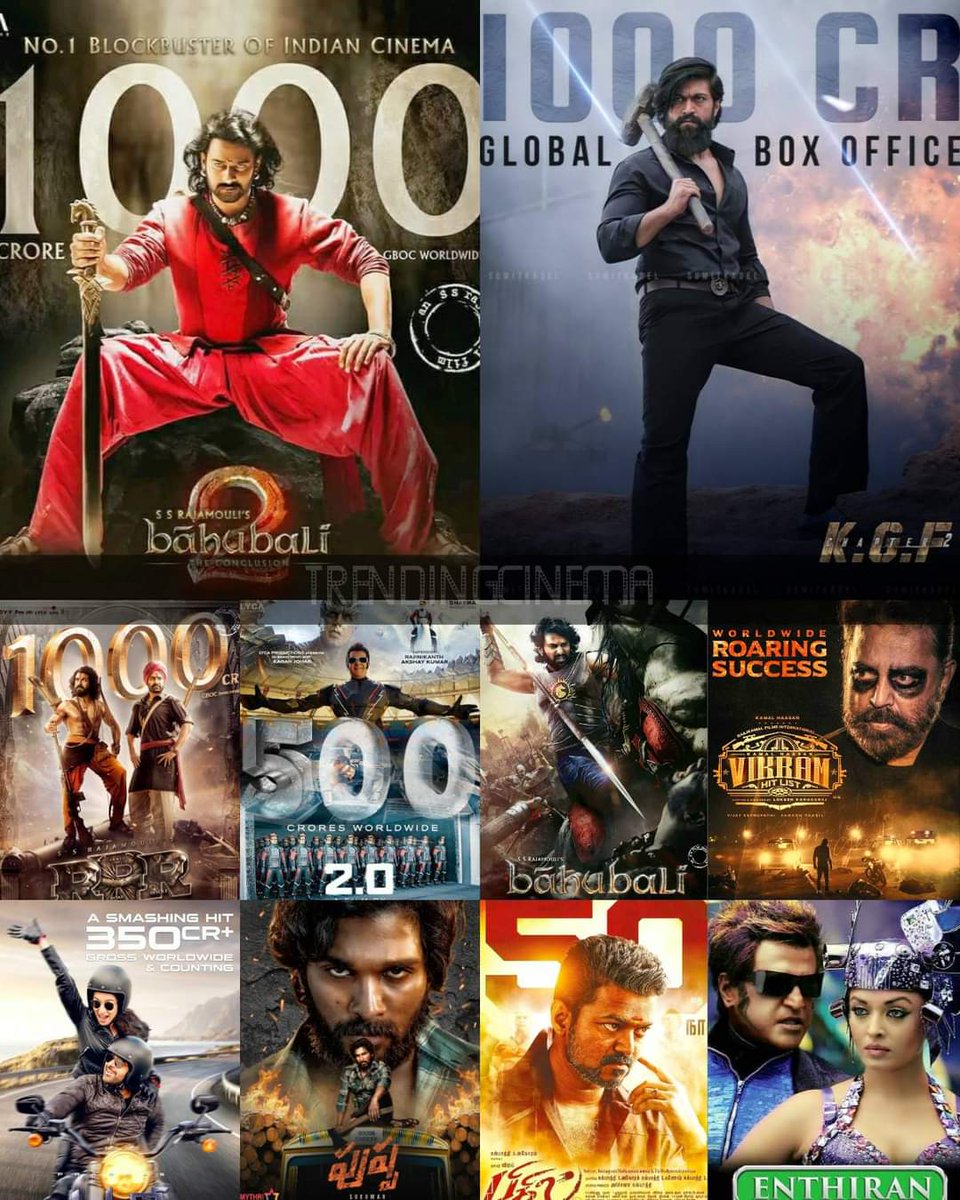 Movieislover's tweet photo. HIGHEST  GROSSING  SOUTH  INDIAN  MOVIES  --

1. #Bahubali 2  -  1813Cr
2. #KgfChapter 2  -  1242Cr
3. #RRR  -  1128Cr
4. #2PointO  -  638.5Cr
5. #Bahubali  -  564Cr
6. #Vikram  -  440.22Cr
7. #Saaho  -  405.27Cr
8. #Pushpa  -  363Cr
9. #Bigil  -  304Cr
10. #Enthiran  -  291.32Cr https://t.co/JwVhaD7pVu