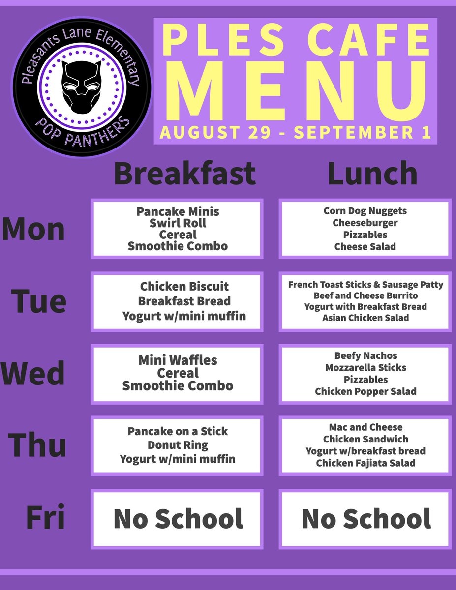 PLESPVA100's tweet photo. Your PLES Cafe Lunch Menu For the Week! A Fresh Fruit and Milk choice is a daily option with Breakfast and Lunch!
#MakeItPop #PopPanthers #HealthyFoodChoices https://t.co/d8wxzCciJ4