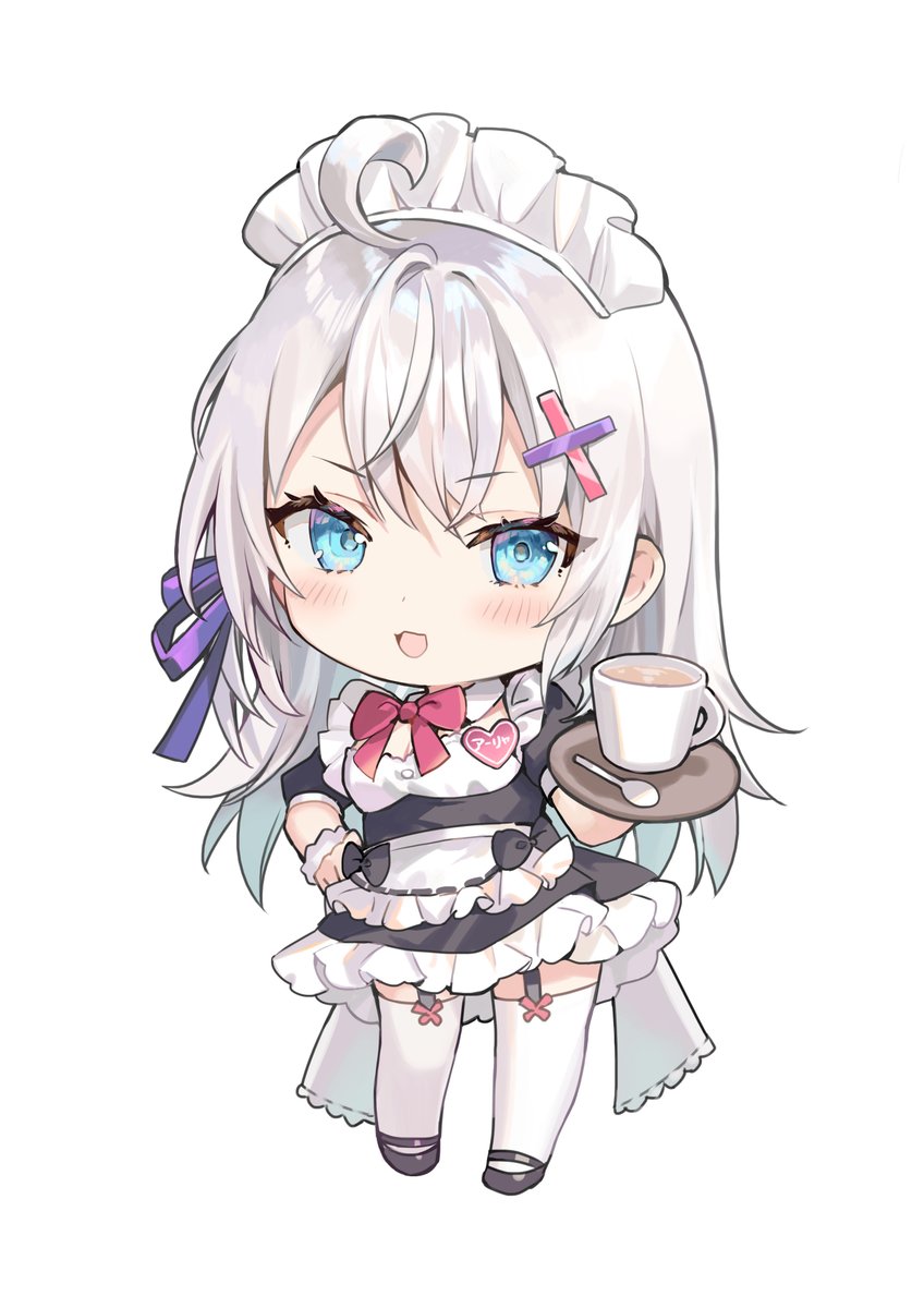 1girl solo cup chibi blue eyes maid headdress thighhighs  illustration images