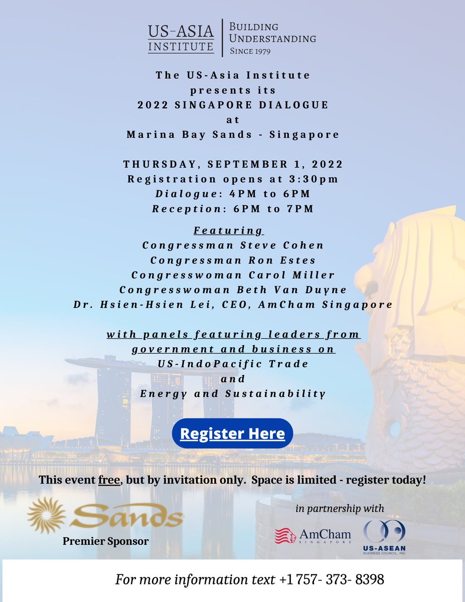 AAIP is pleased to invite you to attend the the US-Asia Institute’s upcoming Singapore Dialogue on Thursday, Sept. 1st at the Marina Bay Sands. 

Learn more about the program and register your attendance here:  

docs.google.com/forms/d/e/1FAI…