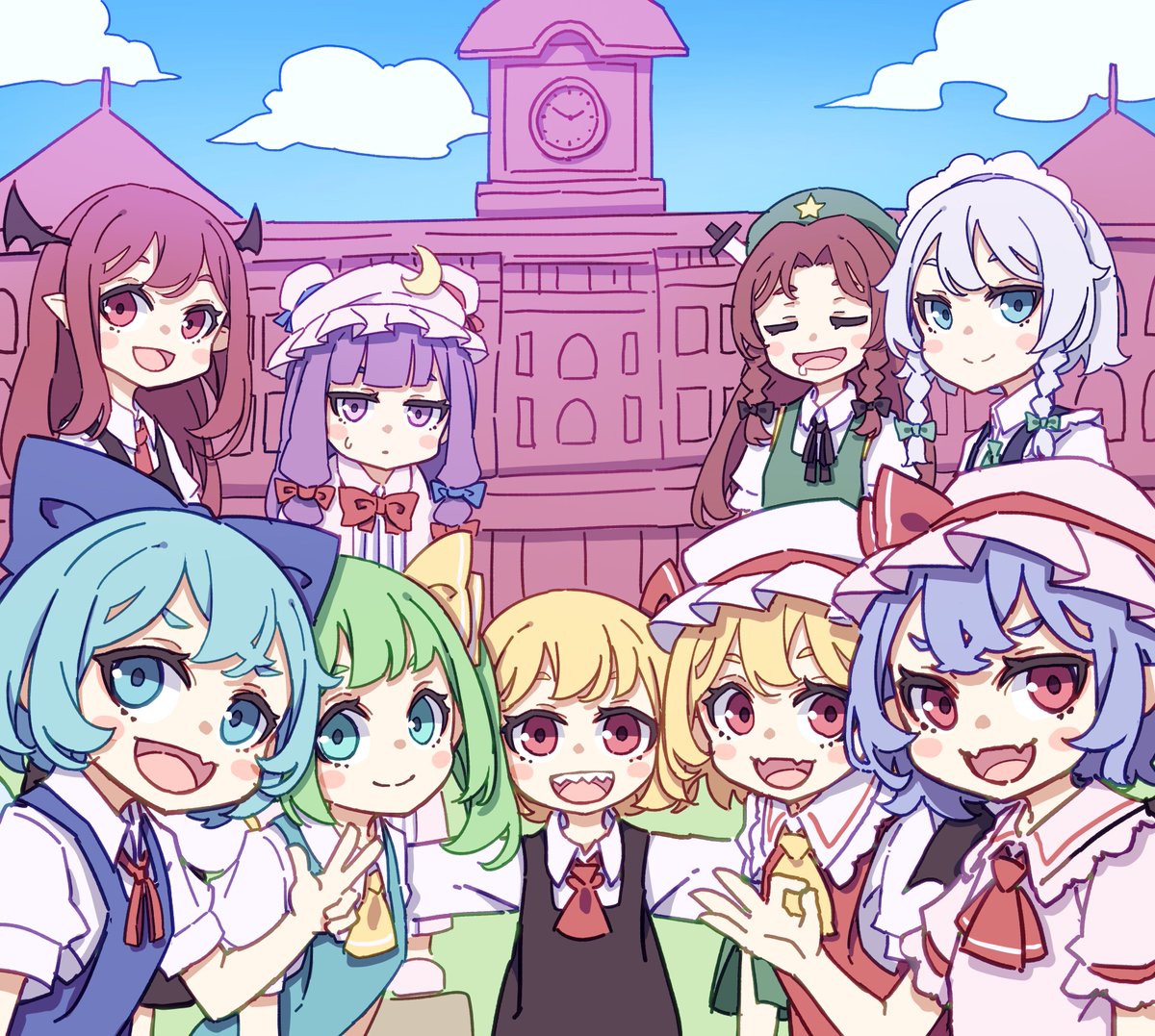 チルノ(東方Project) ,大妖精 ,フランドール・スカーレット ,紅美鈴 ,十六夜咲夜 ,小悪魔(東方プロジェクト) ,パチュリー・ノーレッジ ,レミリア・スカーレット ,ルーミア(東方プロジェクト) 「#今月描いた絵を晒そう 」|かめぱすたのイラスト