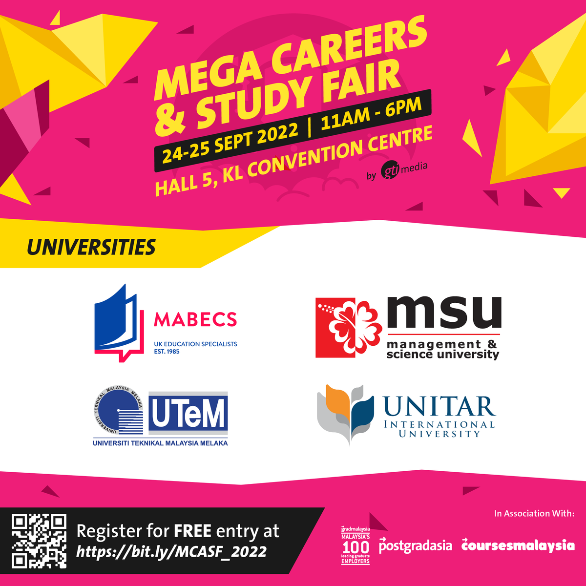 postgradasiaMY's tweet image. You may have an idea of what you would like to pursue as a major but having too many choices can be overwhelming. Narrow down those choices at our Mega Careers and Study Fair and register now at bit.ly/MCASF_2022

#gradmalaysia #postgradasia #studyfair #educationfair