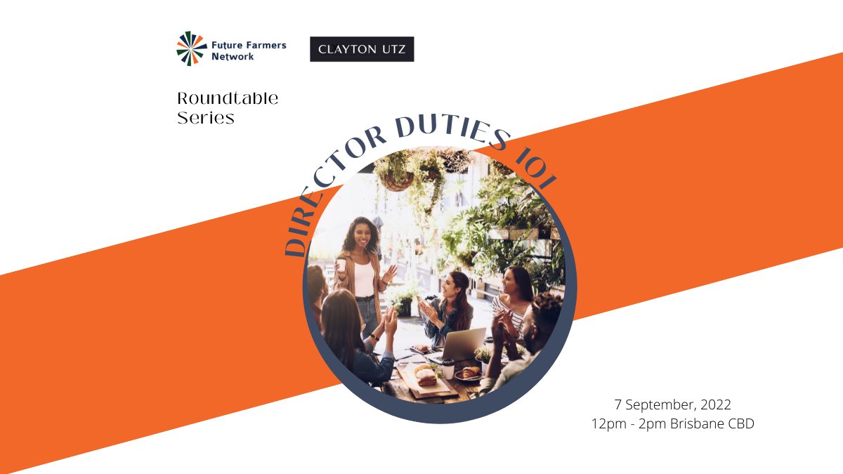 Interested in participating in a free roundtable education workshop on Director Duties 101 for Governance Boards within Agriculture? FFN is hosting this event in Brisbane on 7 September, 12pm - 2pm. You can learn more and register your attendance, here: buff.ly/3ArFxvq