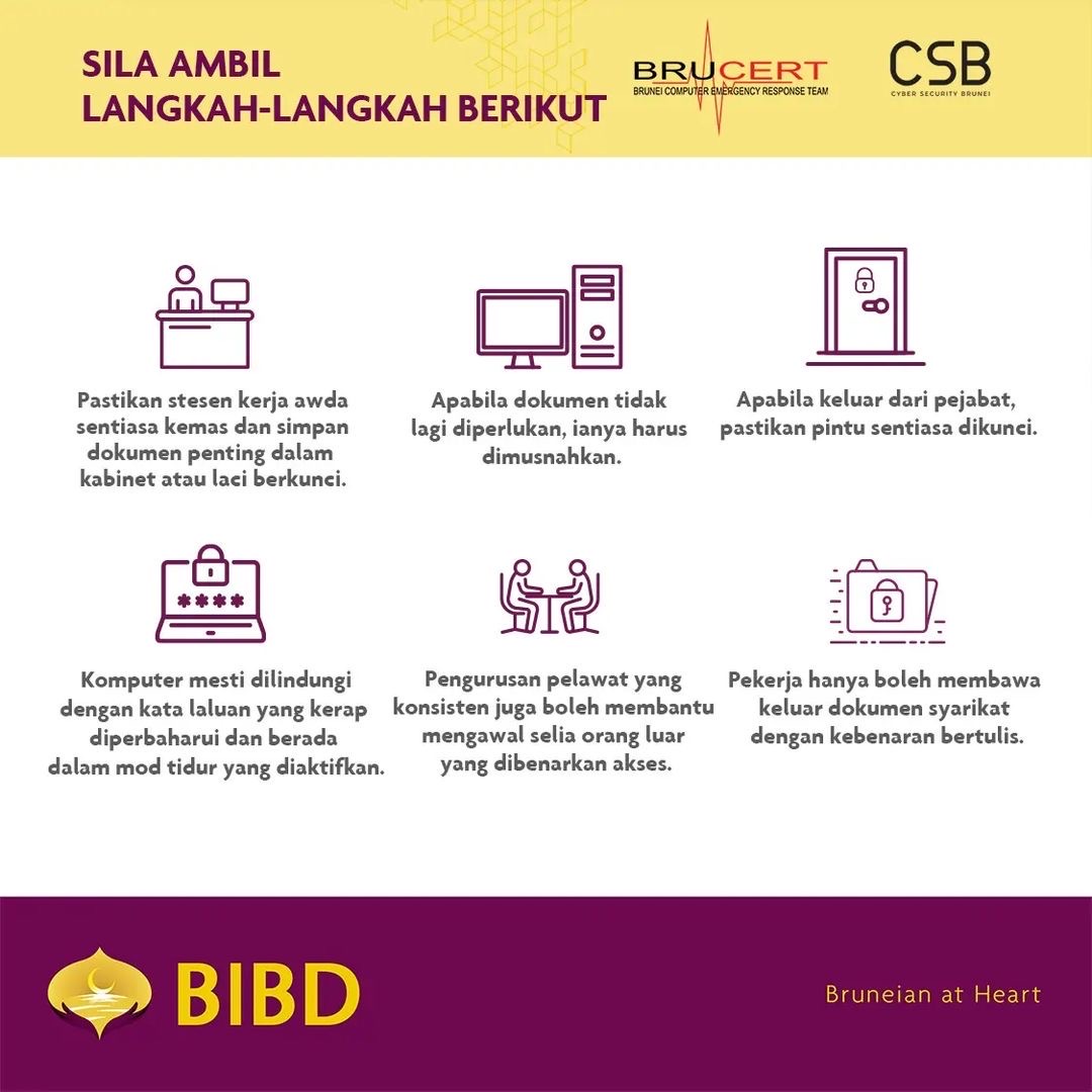 BruneiCERT's tweet photo. Never leave sensitive business information openly on your desk. Always keep notebooks, letters, documents, and USB sticks stored in a secure place.
#bibdbrunei #bibdonlinesafety #csbgovbn #brunei #cybersecurity #SecureVerifyConnect #BruCERT https://t.co/LjvofoxnVK