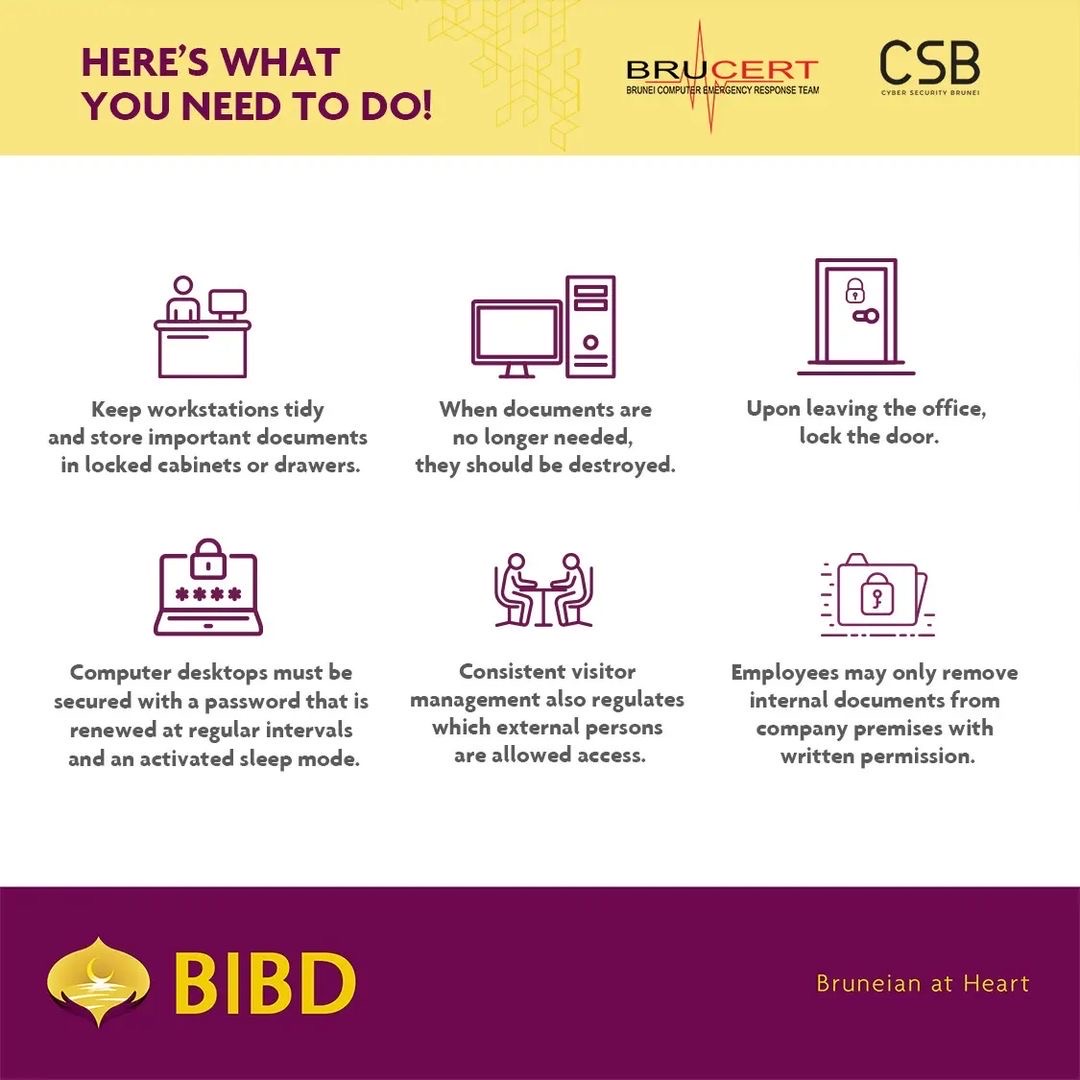 BruneiCERT's tweet photo. Never leave sensitive business information openly on your desk. Always keep notebooks, letters, documents, and USB sticks stored in a secure place.
#bibdbrunei #bibdonlinesafety #csbgovbn #brunei #cybersecurity #SecureVerifyConnect #BruCERT https://t.co/LjvofoxnVK