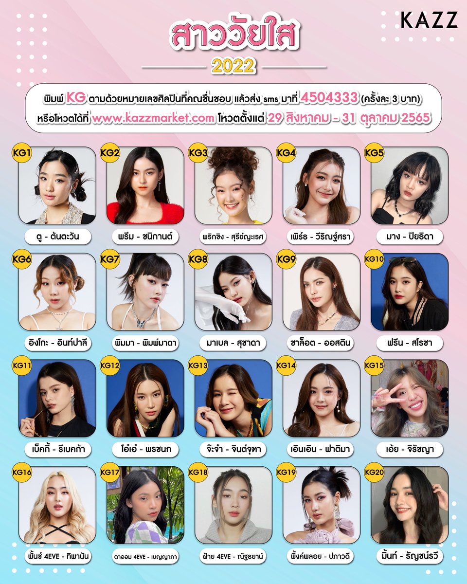 Kazzmagazine's tweet photo. ☀️ สาววัยใส โดนใจแห่งปี 2022 ☀️

ร่วมเป็นส่วนหนึ่งในการส่งกำลังใจให้ศิลปินที่ท่านชื่นชอบ 
ให้ได้รับรางวัล "หนุ่มสาววัยใสโดนใจแห่งปี 2022"

🎉กติกาการโหวต🎉
พิมพ์ KG ส่ง SMS มาที่ 4504333 (ครั้งละ 3 บาท)

หรือ โหวตผ่านเว็บไซต์ : https://t.co/nU5LbvJZtx

#NumSaoWaiSai2022 https://t.co/GrPx37ijTI