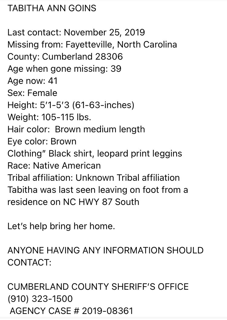 🛑MISSING🛑 TABITHA ANN GOINS ANYONE HAVING ANY INFORMATION SHOULD CONTACT: CUMBERLAND COUNTY SHERIFF’S OFFICE (910) 323-1500 AGENCY CASE # 2019-08361 #mmiw #mmiwusa #MissingPerson #NorthCarolina #NativeTwitter