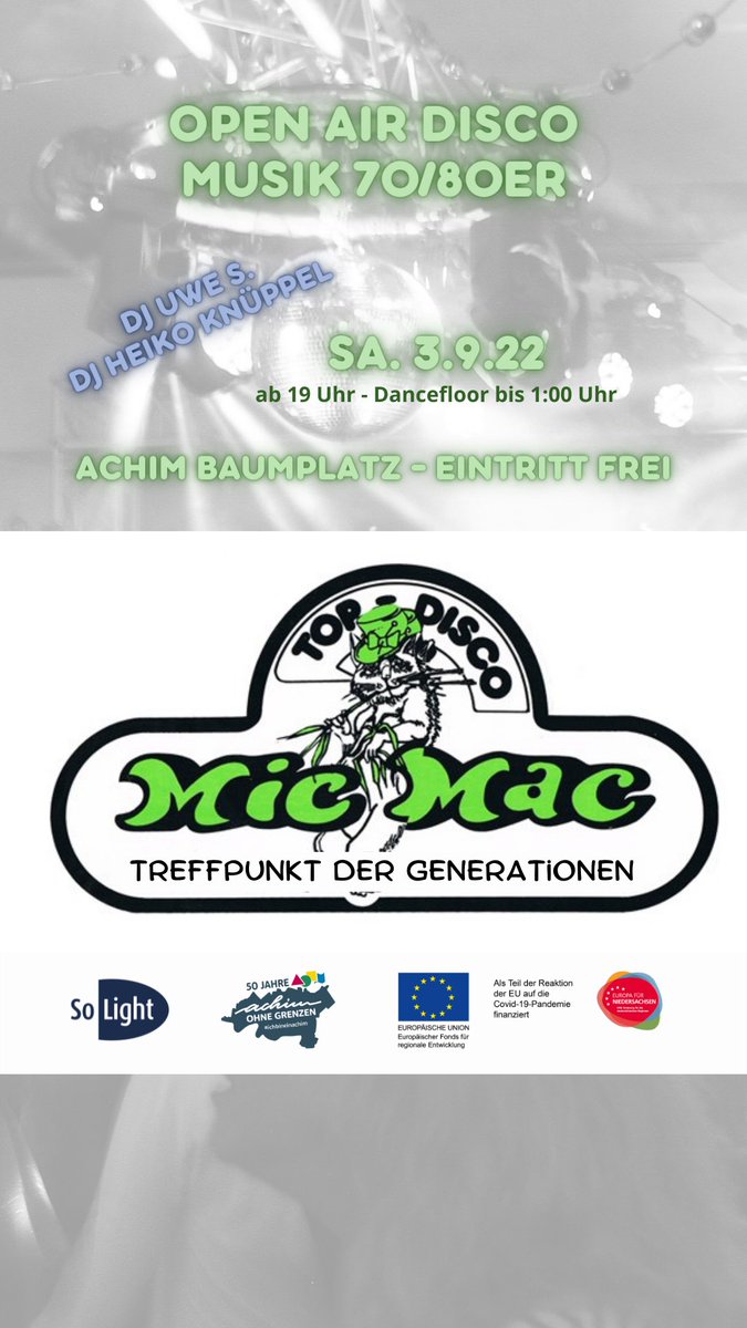 SolightV's tweet photo. Festakt zu 50 Jahre Gebietsreform in Achim, nächsten Samstag grosse Mic Mac Revival Party Open Air 🎈 #achimgehtimmer, #solightontour, #discorevival, #umsonstunddraussen https://t.co/g90RzUZceV