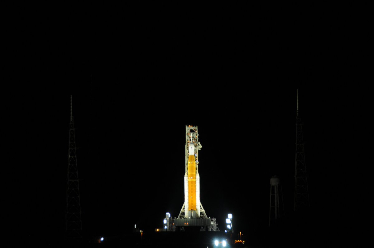NASAGroundSys's tweet photo. Right Now at Pad 39B: @NASA_SLS and @NASA_Orion all lit up and ready for tanking. #Artemis https://t.co/5R5KV5s2DW
