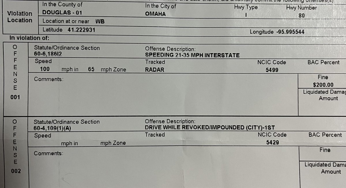 NSP_TroopA's tweet photo. Troopers stopped this vehicle for traveling 100mph in a 65mph zone near 60th Street and Interstate 80. The driver just happened to be revoked as well.   Please obey all posted speed limit signs. #NSP142 https://t.co/Ts7yrTJiNf
