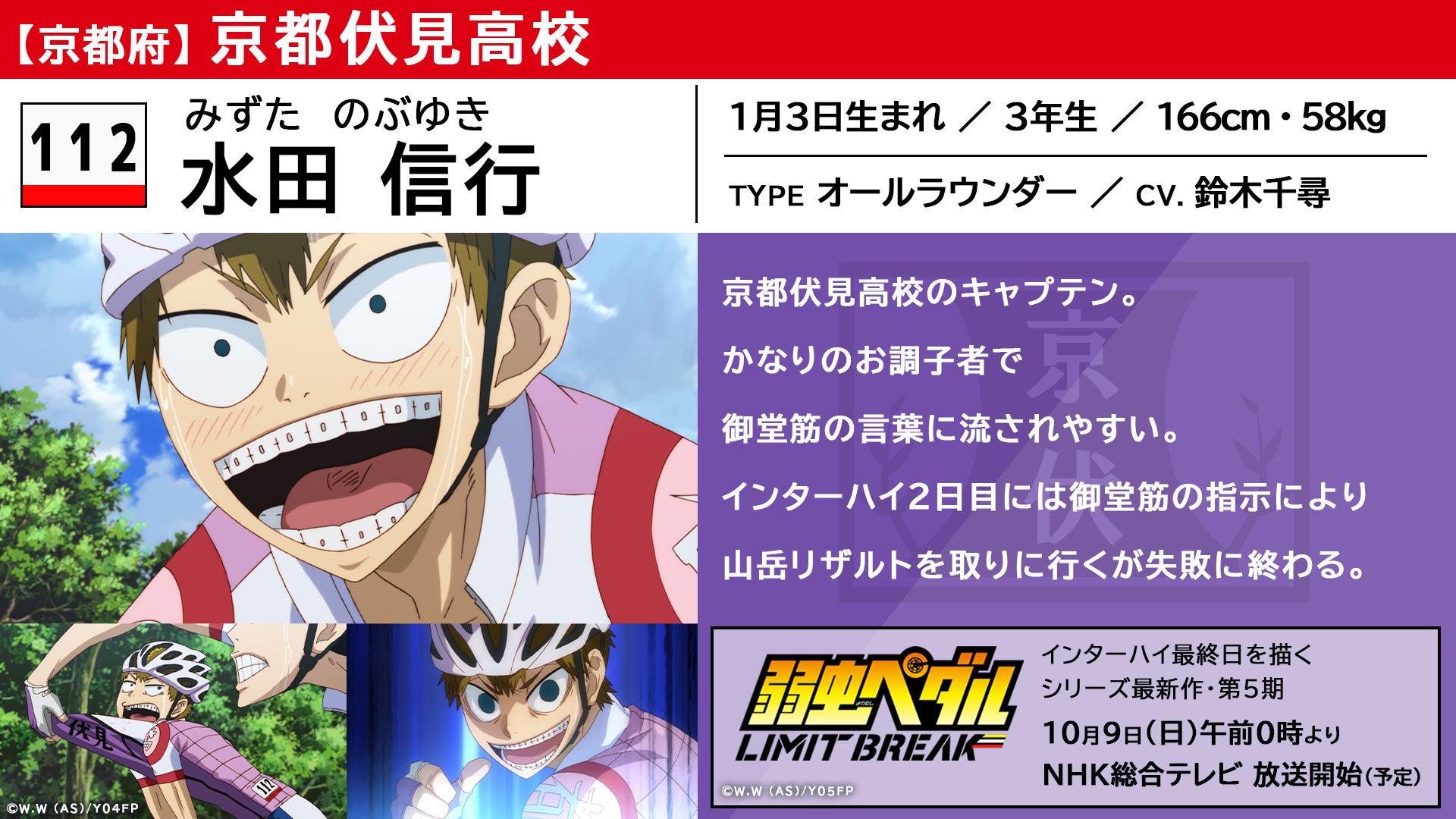 弱虫ペダル Limit Break インターハイ注目選手紹介 水田信行 Cv 鈴木千尋 京都伏見 高校3年生でキャプテン かなりのお調子者で 御堂筋の言葉に流されやすい 弱虫ペダル Limit Break 10月9日 日 午前0時より Nhk総合テレビにて放送開始