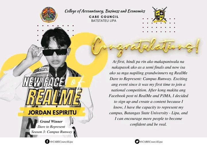 CabeCouncilLipa's tweet photo. Congratulations to the 𝐍𝐞𝐰 𝐅𝐚𝐜𝐞 𝐨𝐟 𝐑𝐞𝐚𝐥𝐦𝐞, Jordan Espiritu! 💛
 We are so proud of you in representing the Batangas State University - The National Engineering University to the recently held Dare to Represent Season 3: Campus Runway! 
#RealmeAmbassador https://t.co/cPfu3ESqfH