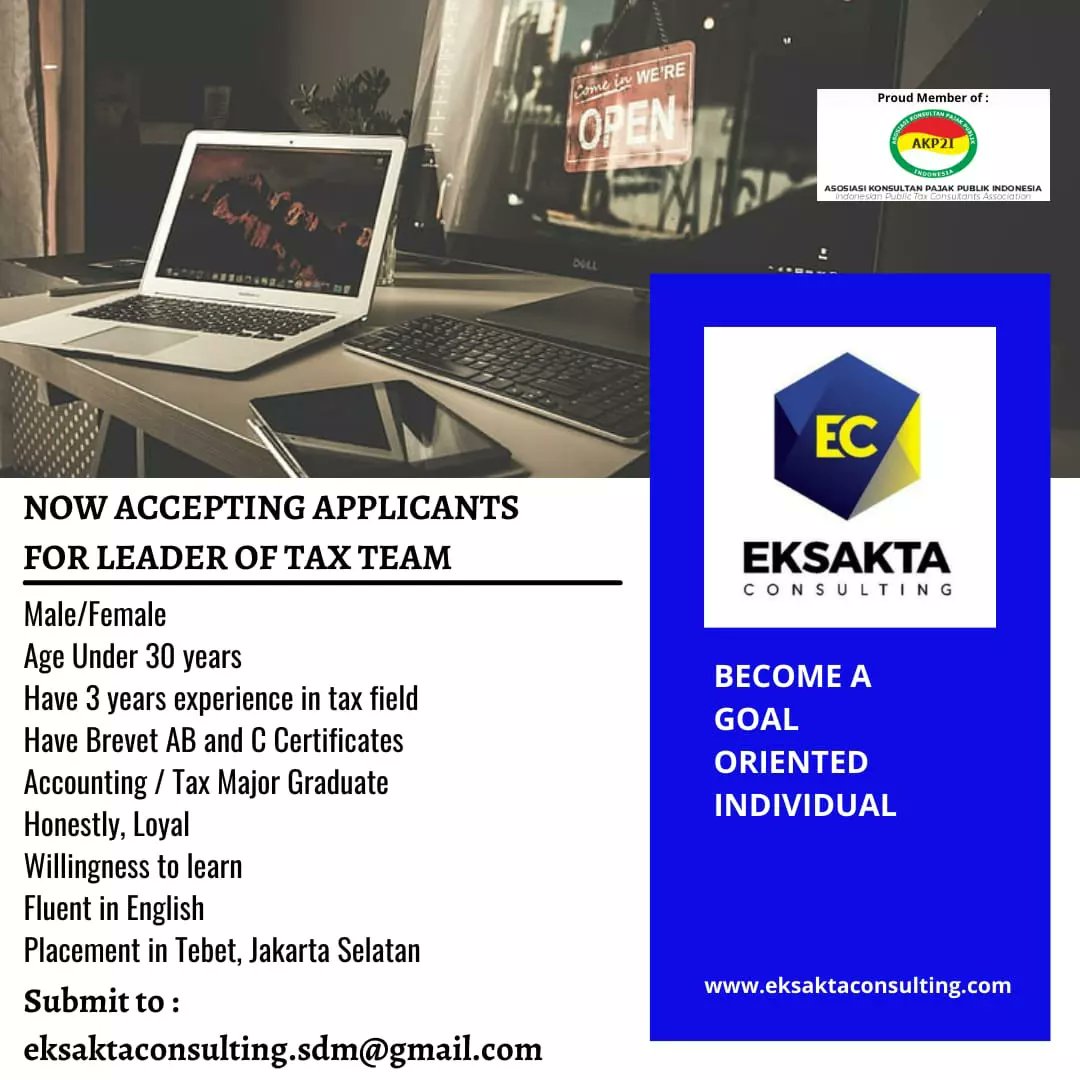 EksaktaC's tweet photo. We are Hiring! 
Leader of Tax, URGENT! 

#lowongankerja #lokerjakarta #lokercot #lokerpajak #magang #internship #internshiptax #magangjakarta #magangpajak https://t.co/D1iibHrID7