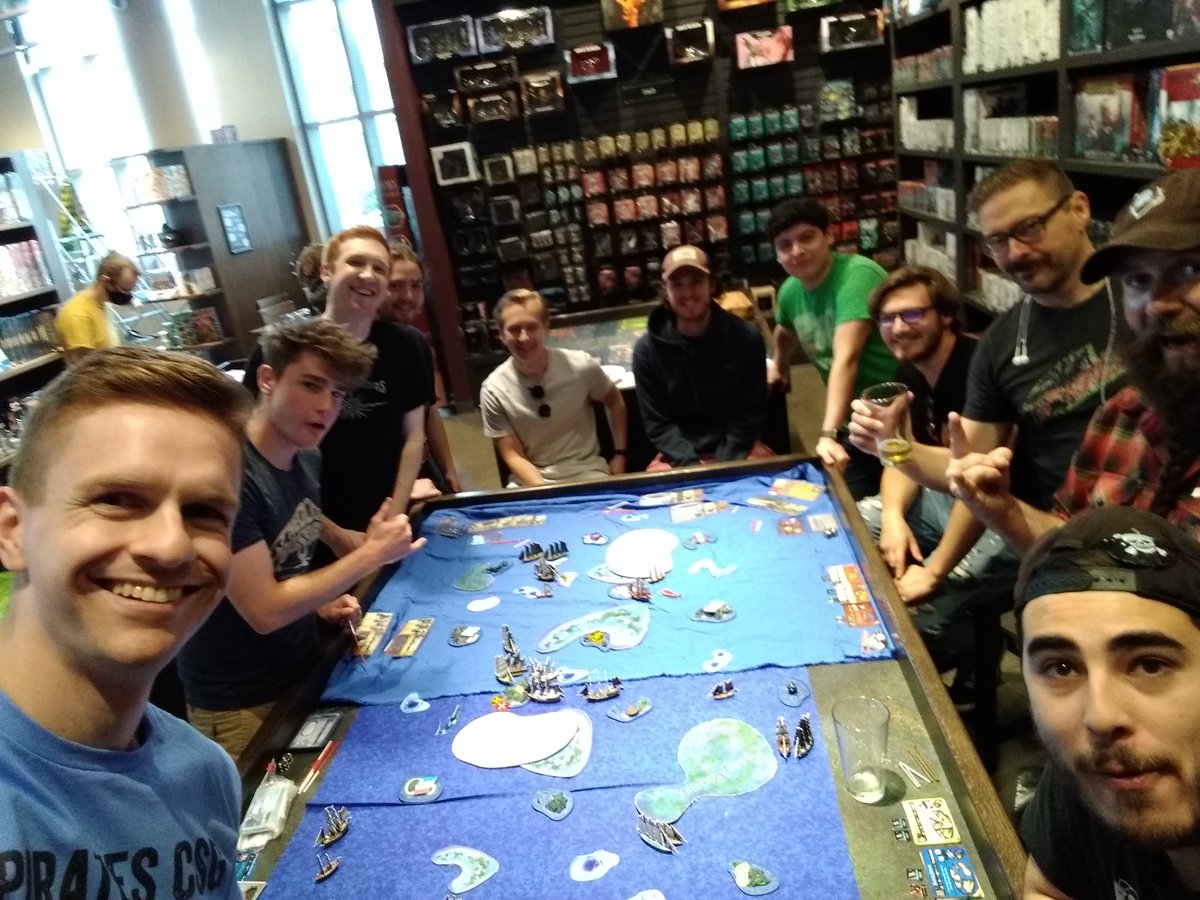 piratescsg's tweet photo. 11 player game.  Met Captain Redgoat (founding member of the PDXYAR group), played with an acquired the epic scale fleet!  What a weekend!
#pirates #PiratesCSG #PDXYAR #Portland #pirategame #ships #epicscale #multiplayer #gaming #WizkidsPirates #PotSM https://t.co/3D5BdeXh7f