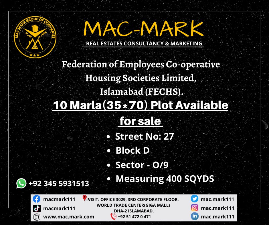 macmark111's tweet photo. Plot Available for Sale in Federation of Employees Co -Operative Housing Societies Limited, Islamabad (FECHS).
Near to PWD
. 10 Marla (35*70)
. Street 27
. Block D
. Sector O/9
. Measuring 400 SQYDS
#macmark #realestate #Islamabad #DHA #Gigamall #Islamabad #FECHS #sale https://t.co/9ChPT04gSC