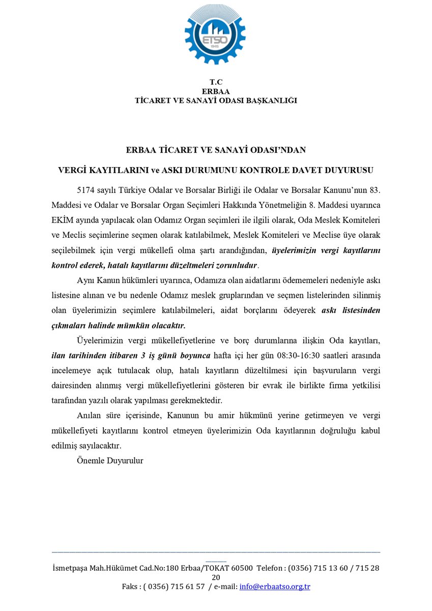 26 Ağustos 2022, Cuma günü Kelkit gazetesinde yayınlanan üyeleri vergi kaydı kontrolüne davet ilanımız.